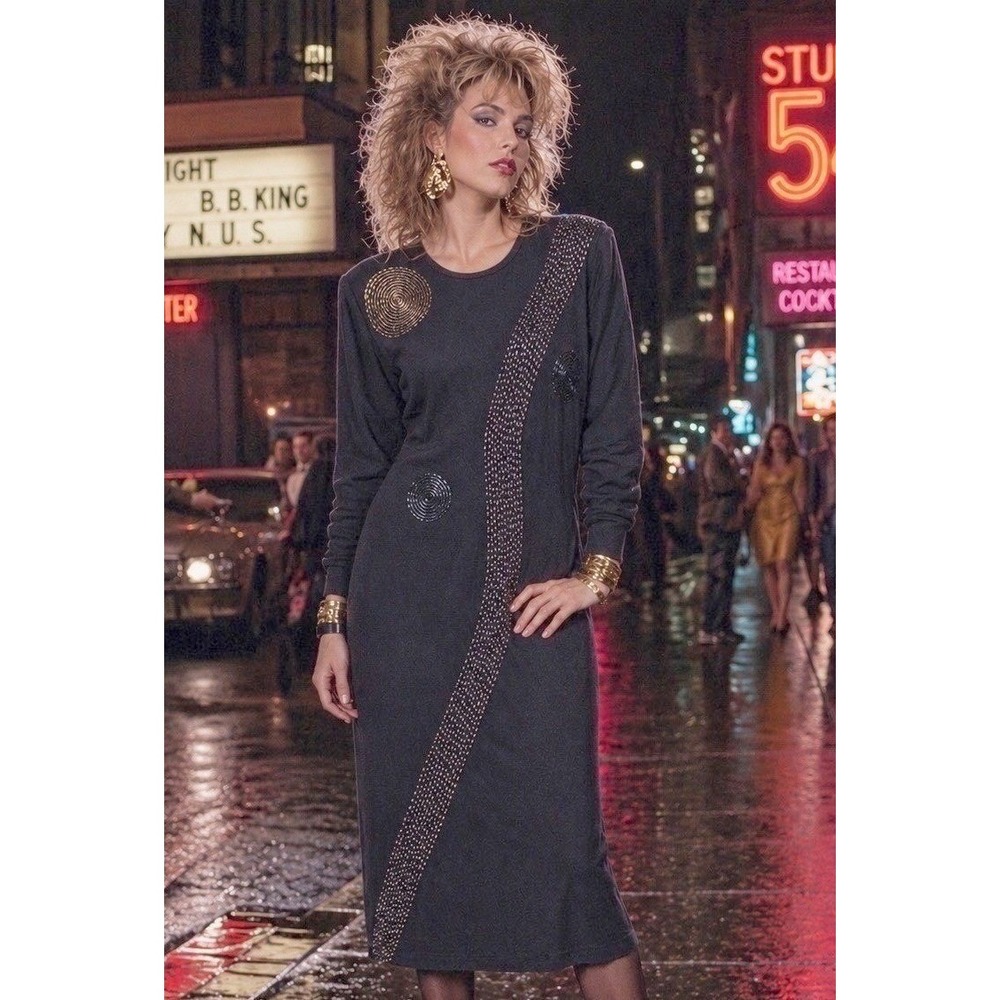 VTG SILK ANGORA Beaded Sweater Dress P Black Midi Bodycon Shoulder Pads80s